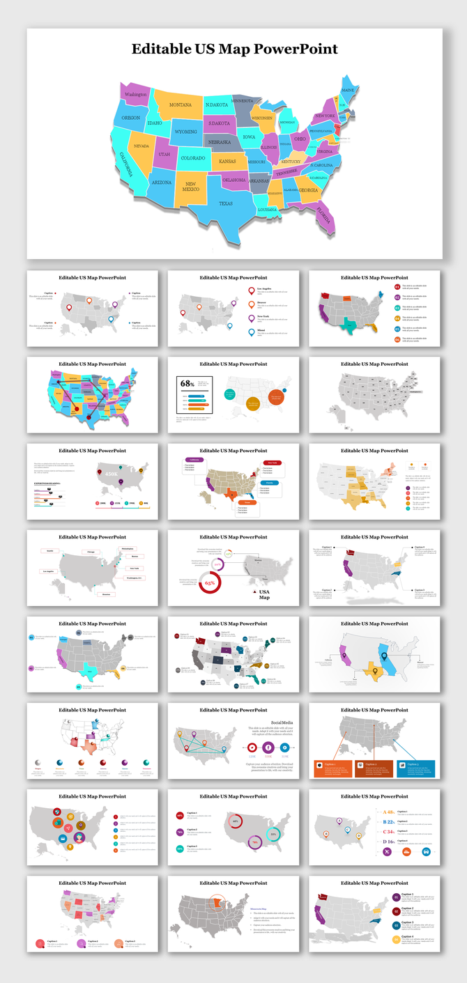 PowerPoint slides showcasing a map of the USA with regional color coding and infographics.