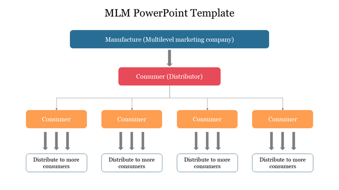 MLM structure with manufacturer leading to distributor and branching into four consumer sections, each with sub-distribution.