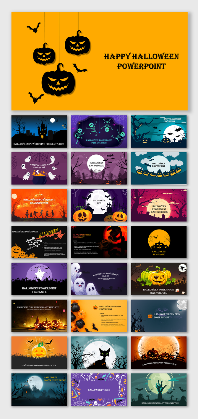 A collection of colorful Halloween themed PowerPoint slides with pumpkins, bats, and spooky scenes.
