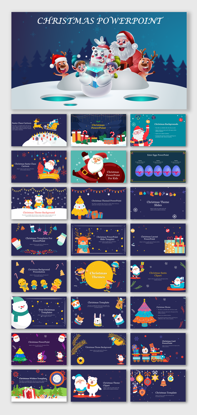 Christmas slide deck with festive illustrations and decorative elements like Santa, reindeer, and gifts, on blue backgrounds.