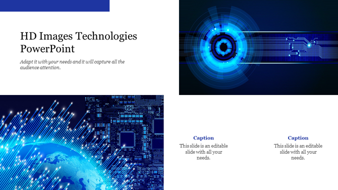 Technology themed slide with HD circuit and globe graphics, a blue digital interface, and editable text sections.