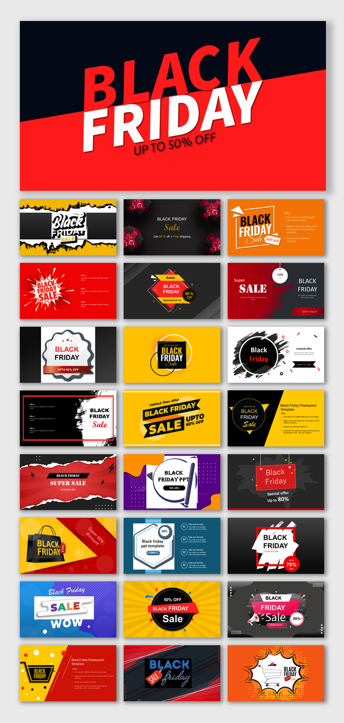 Collection of Black Friday PowerPoint slides featuring sale announcements, vibrant colors, and discount details.