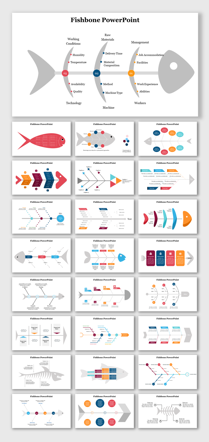 A collection of fishbone diagram PowerPoint slides for analyzing causes and effects across various categories.