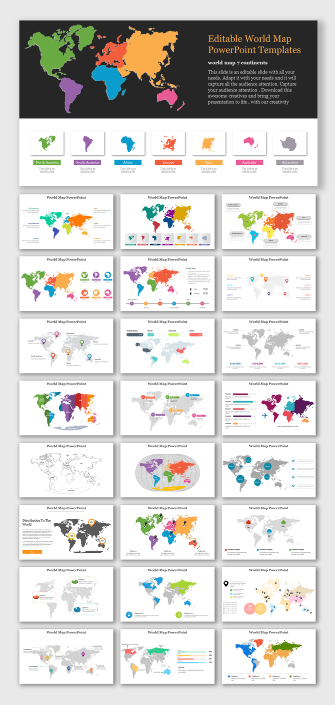 World map templates with colored continent sections, icons, data visuals, and location markers across slides.
