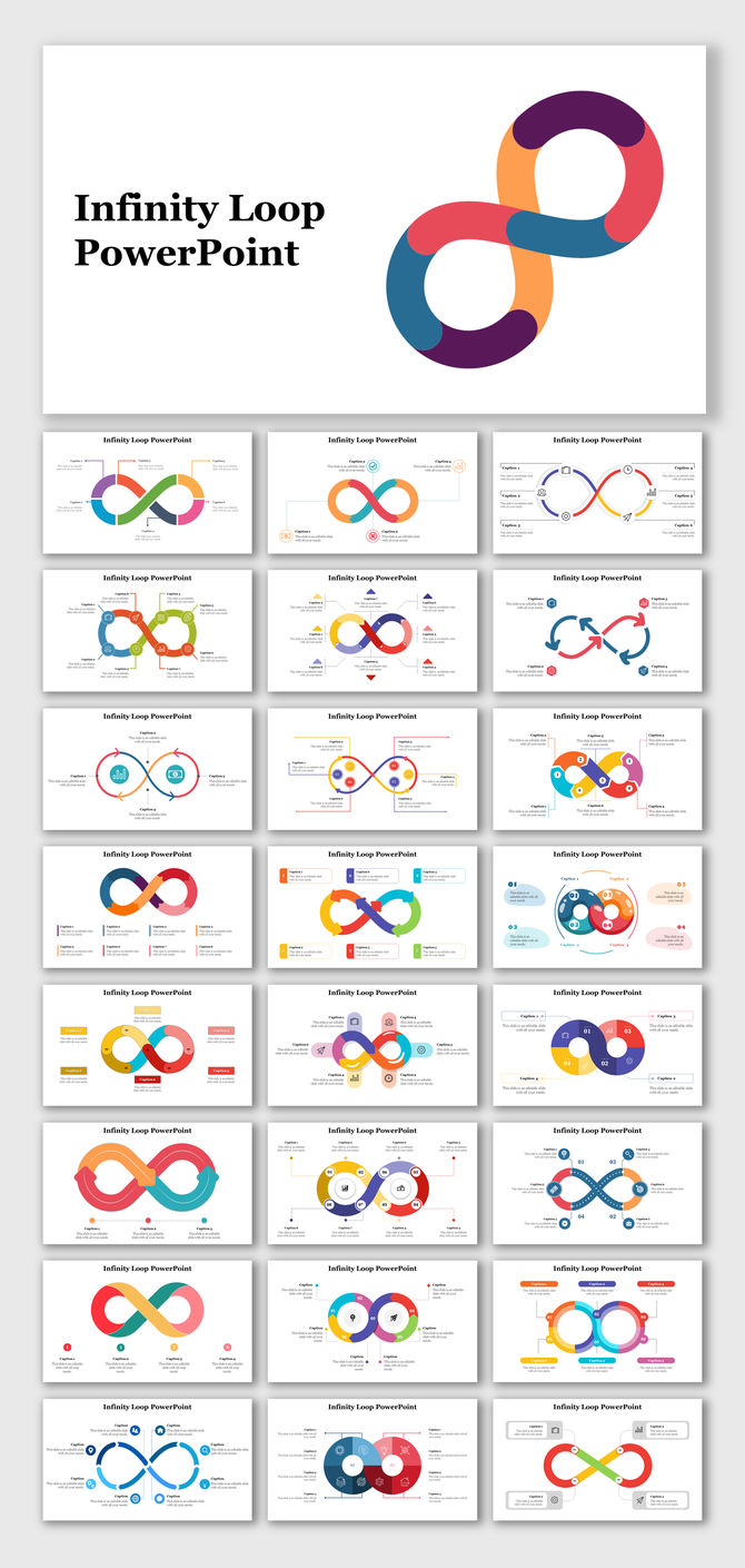 Infinity themed slide bundle with diverse infographic layouts illustrating recurring steps, feedback loops, or cycles.