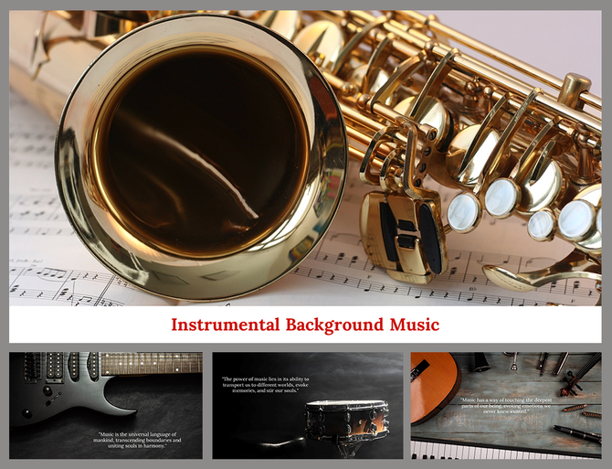 Slide deck featuring close up shots of instruments, including saxophone, guitar, and drum, on a musical themed background.