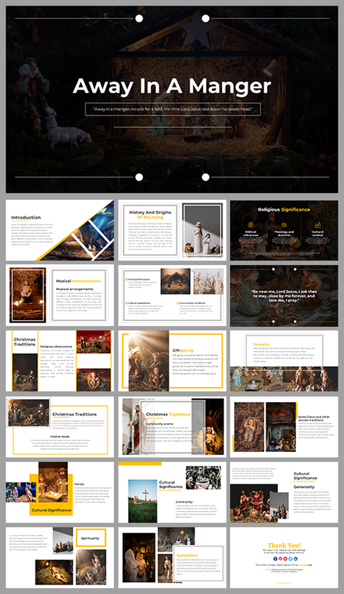 Slide deck preview for a nativity-themed presentation with sections on history and cultural symbolism.