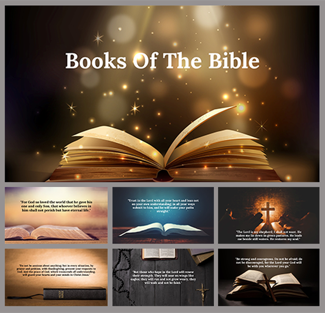 Golden-lit background with an open book slide deck and the text books of the bible displayed above.
