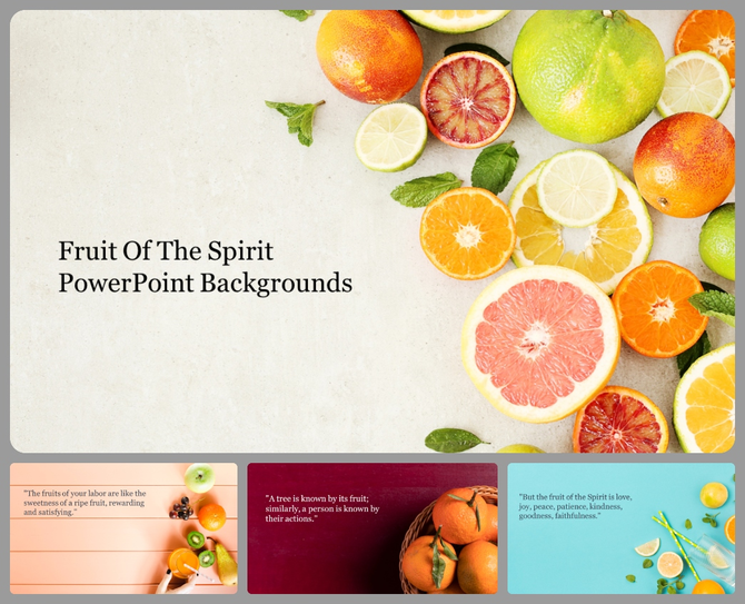 Cover slide deck with sliced citrus fruits arranged on a light background, accompanied by smaller slides with quotes.