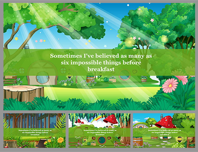 Alice in wonderland background slides featuring lush greenery and whimsical elements like mushrooms and flowers with quotes.