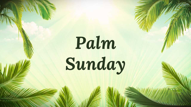 Palm Sunday greeting with black text at center, surrounded by green palm leaves and soft sunlight rays in the background.