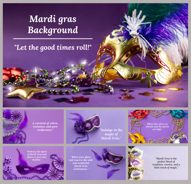 Vibrant mardi gras decoration slides include a golden mask and colorful beads on various backgrounds.