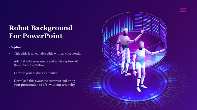 Slide with a futuristic robot background featuring two humanoid robots in a digital, data rich environment.