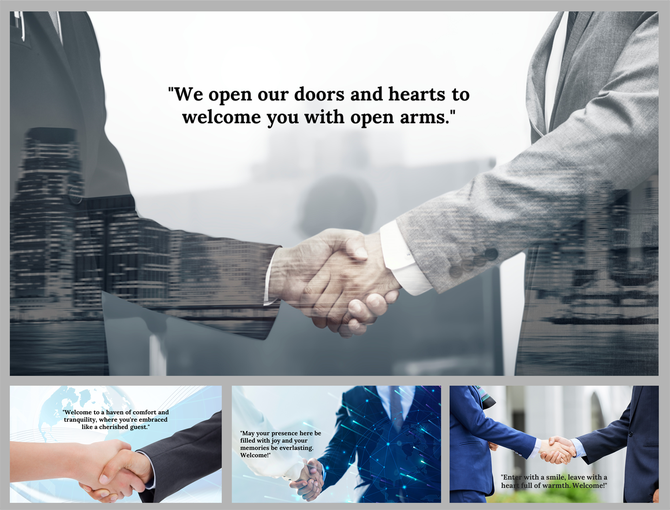 Business themed slides with handshake images, set against a cityscape with welcome quotes and text.