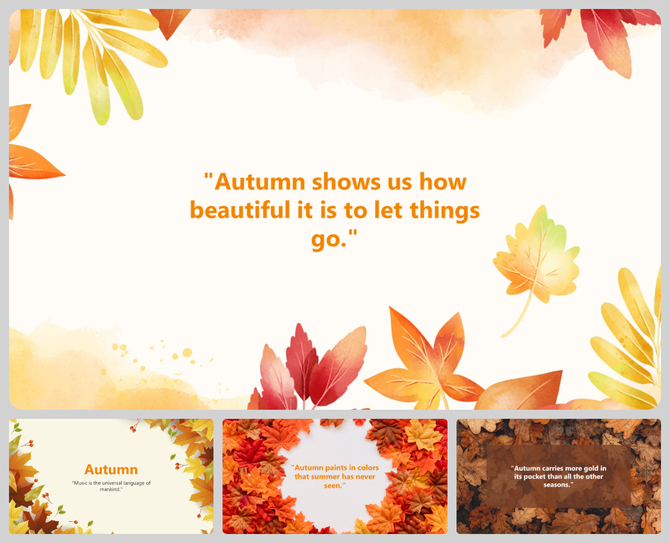 Autumn themed PowerPoint background slides with colorful leaves and an inspiring quote in the center.