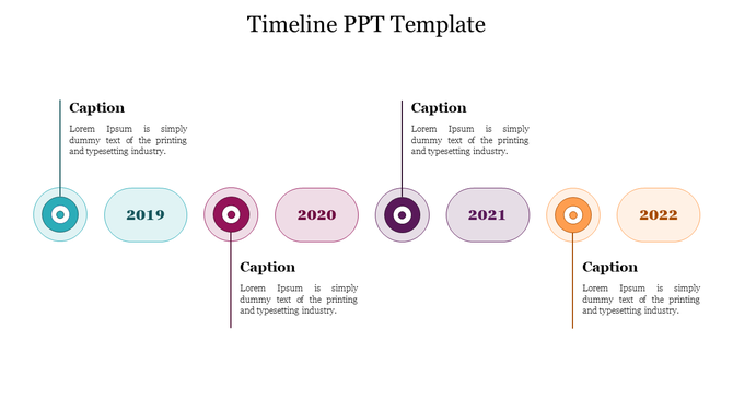 Clean and colorful timeline template showing the years 2019 to 2022 in a circular design with captions.