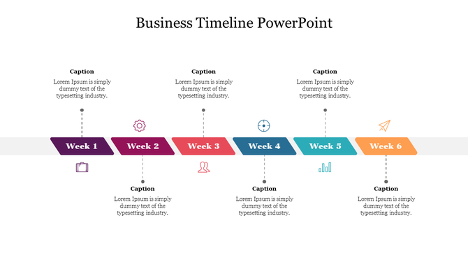 Business timeline with six colorful segments, each representing a week from 1 to 6, with icons and captions on both sides.
