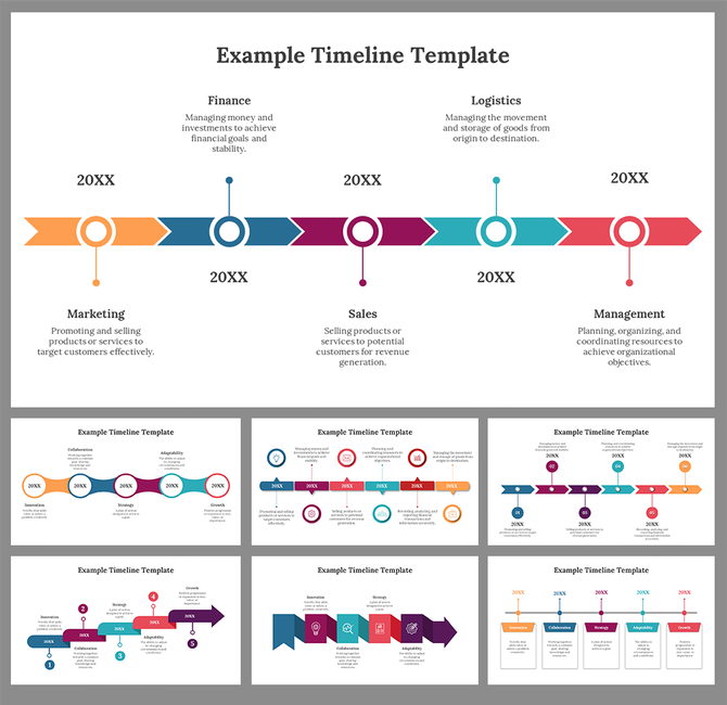 Five-stage timeline with arrows and icons, representing phases from finance, to management process for different years.