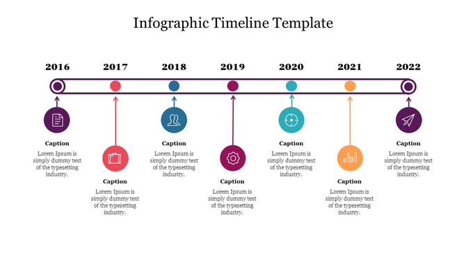 Infographic timeline with a central purple bar, year node above it, and icons like document, suitcase, gear, and chart below.