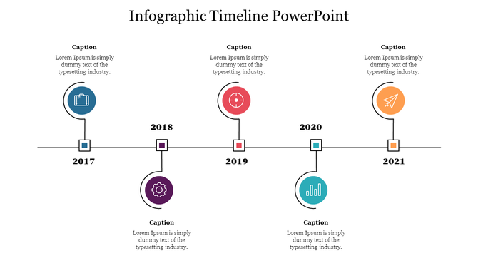 Timeline with circular icons in blue, purple, red, teal, and orange for each year, connected by a line, and captions.