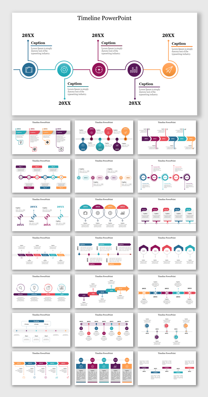 Set of timeline templates with designs such as roadmap arrows, circle nodes, zigzag flows, and month or year indicators.