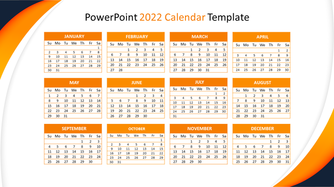 Orange themed 2022 calendar slide displaying a grid layout for each month, including days of the week.