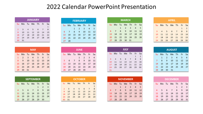 2022 calendar layout with twelve colorful month sections, each in a different color and containing a standard grid layout.