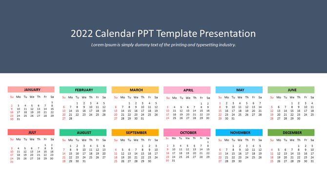 A 2022 calendar PPT template with 12 months listed in colorful blocks and grid layout.