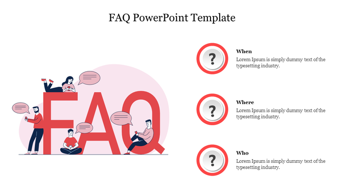 Illustrated FAQ slide featuring a large text and characters interacting with question bubbles and icons with text areas.