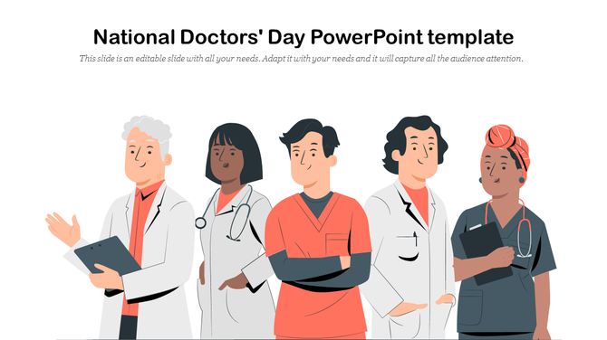 An illustration of five doctors in different uniforms, designed for a national doctors' day-themed presentation.