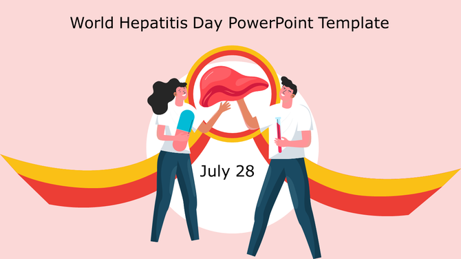 Colorful slide for world hepatitis day, showing a liver graphic and characters promoting awareness, July 28.