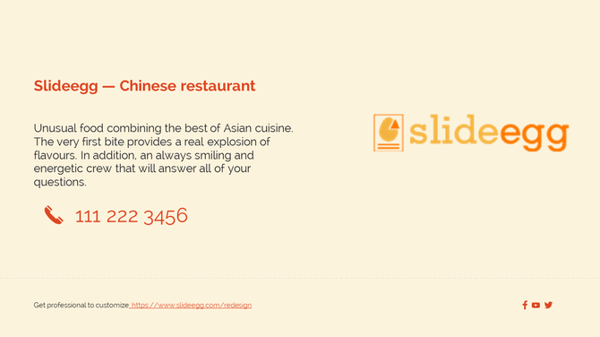 A Contact Us slide for Slideegg restaurant with a logo, contact information, and a description of the business.