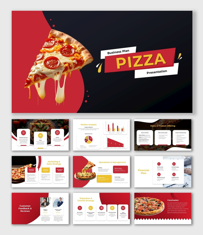 Pizza business plan covers market, menu, sales, operations, finance, growth, and customer feedback.