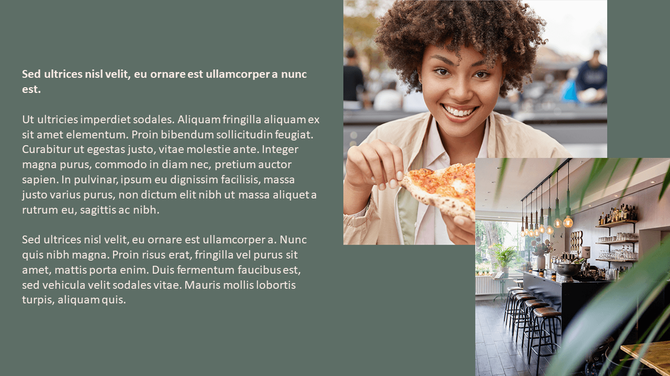 About us slide with green background, placeholder text, and two images featuring a woman eating pizza and a coffee shop.