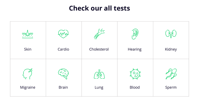Medical slide with a grid layout featuring ten test categories, each represented by a green icon and black text labels.