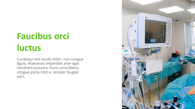 Healthcare slide with an image of a hospital monitor and medical equipment on the right, and placeholder text on the left.