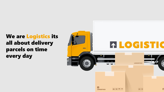 Logistics slide with side-view of a truck and brown parcels, featuring bold black and yellow text about timely deliveries.