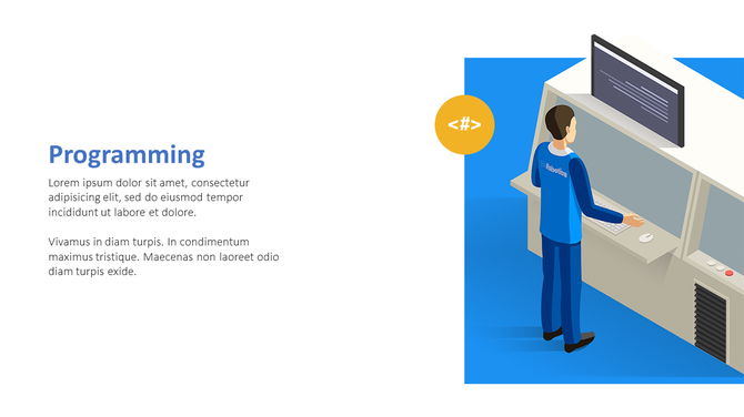 Programming slide with isometric illustration of a man at a workstation, text on left, and code symbol in yellow circle.