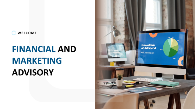 Split layout with white text and an office scene on the right, featuring a desk with computers and a pie chart display.