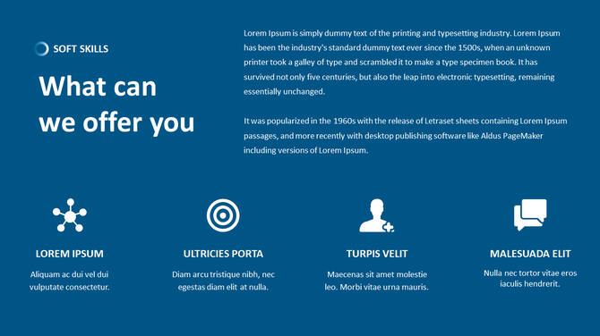 Slide showcasing soft skills section with circular icon and four service features, each with an icon and short text.
