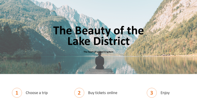 Nature themed travel slide showing a person facing a mountain lake, with step icons below for trip planning.