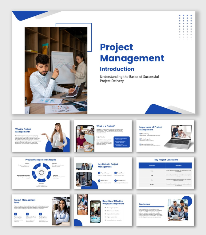 Project Management Introduction PowerPoint blue theme with shapes, icons, and lifecycle diagram for project basics.