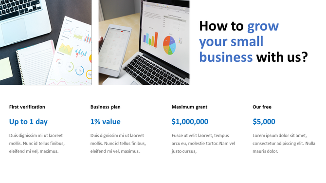 Business support infographic featuring photos of devices with charts and four labeled benefits for small businesses.