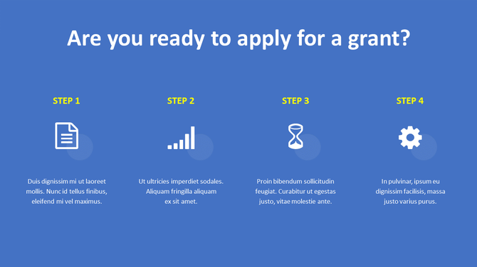 Blue slide with a centered title, four evenly spaced steps, each with a white icon, yellow text, and circular faded shapes.