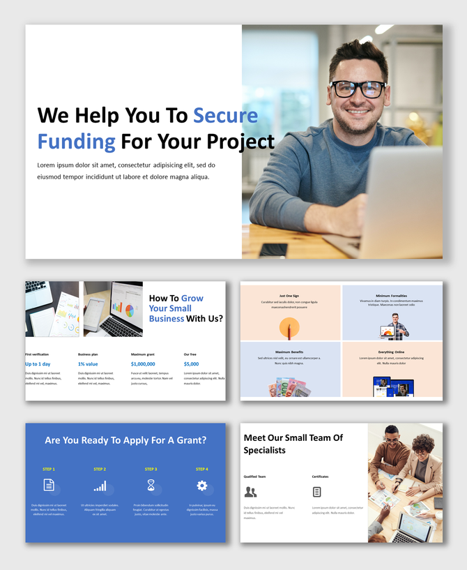 Slide deck showcasing project funding, grant opportunities, and team information, with visual layouts and infographics.