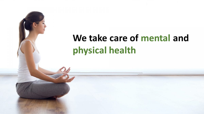 Female in yoga pose on left, beside bold text promoting care for mental and physical health on a white background.
