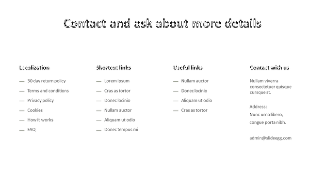 Contact page template with sections for localization, shortcut links, useful links, and contact details.