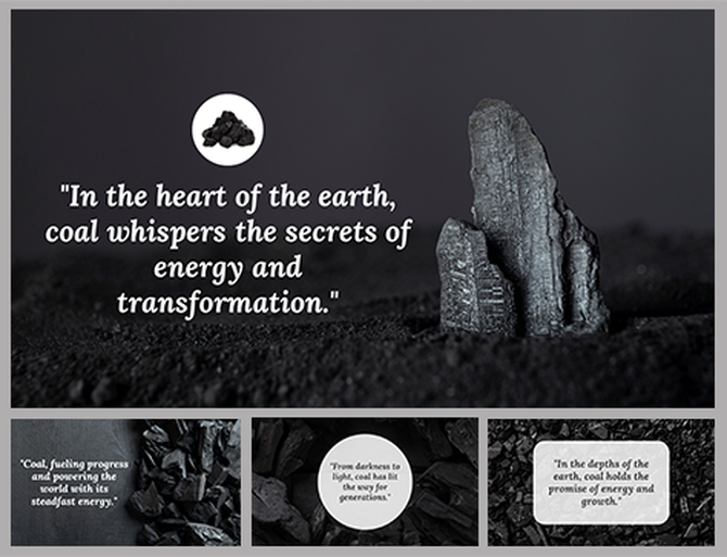Coal fragment slide deck standing on dark soil, with a quote on energy transformation next to it.