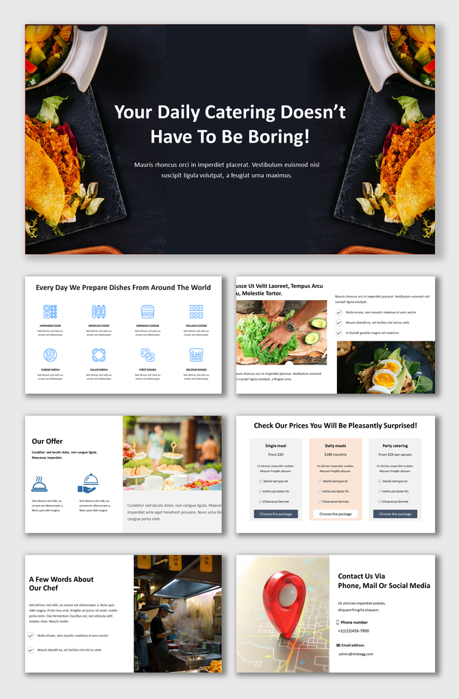Catering slide deck with food images, global cuisine icons, pricing comparison and a contact slide featuring a red pin.