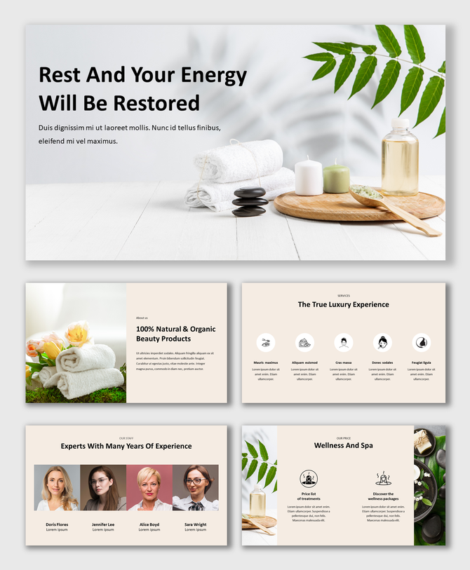 Spa and relaxation template showcasing natural products and services, including a luxury experience section.